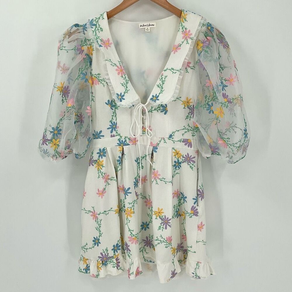 For Love And Lemons Majorie Mini Dress Embroidered Floral Women Medium White